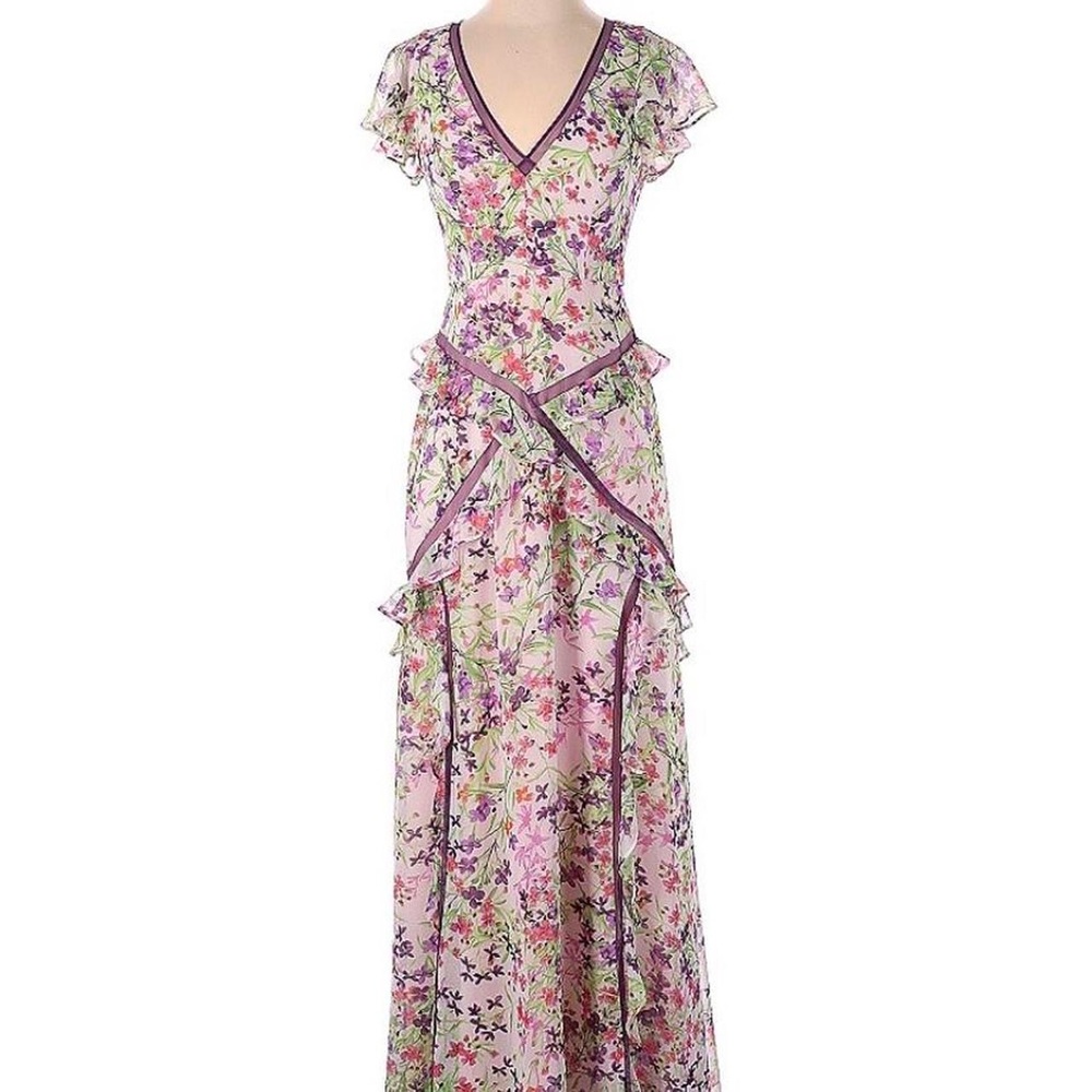 Bcbgmaxazria purple floral gown